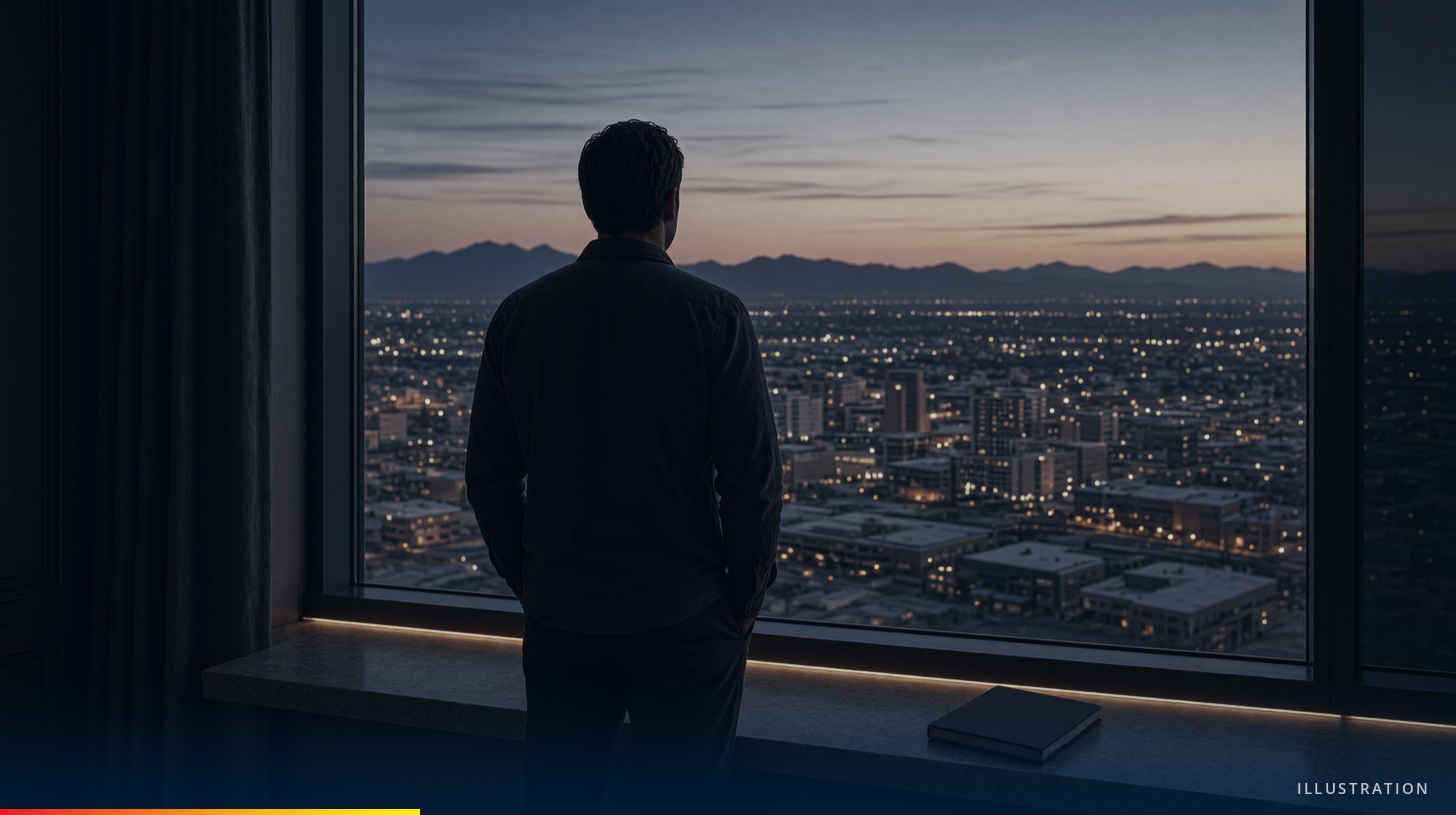 Illustration of a man, seen from behind, at a tall window looking out over a desert city at dusk