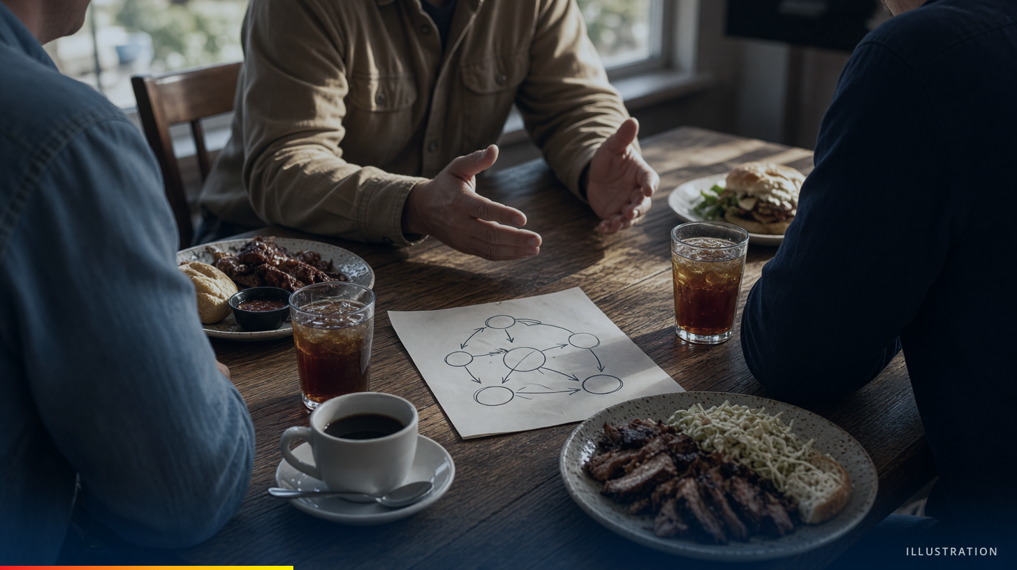 Illustration of people at a lunch table, faces not shown, with a sheet of paper sketched with a flow diagram