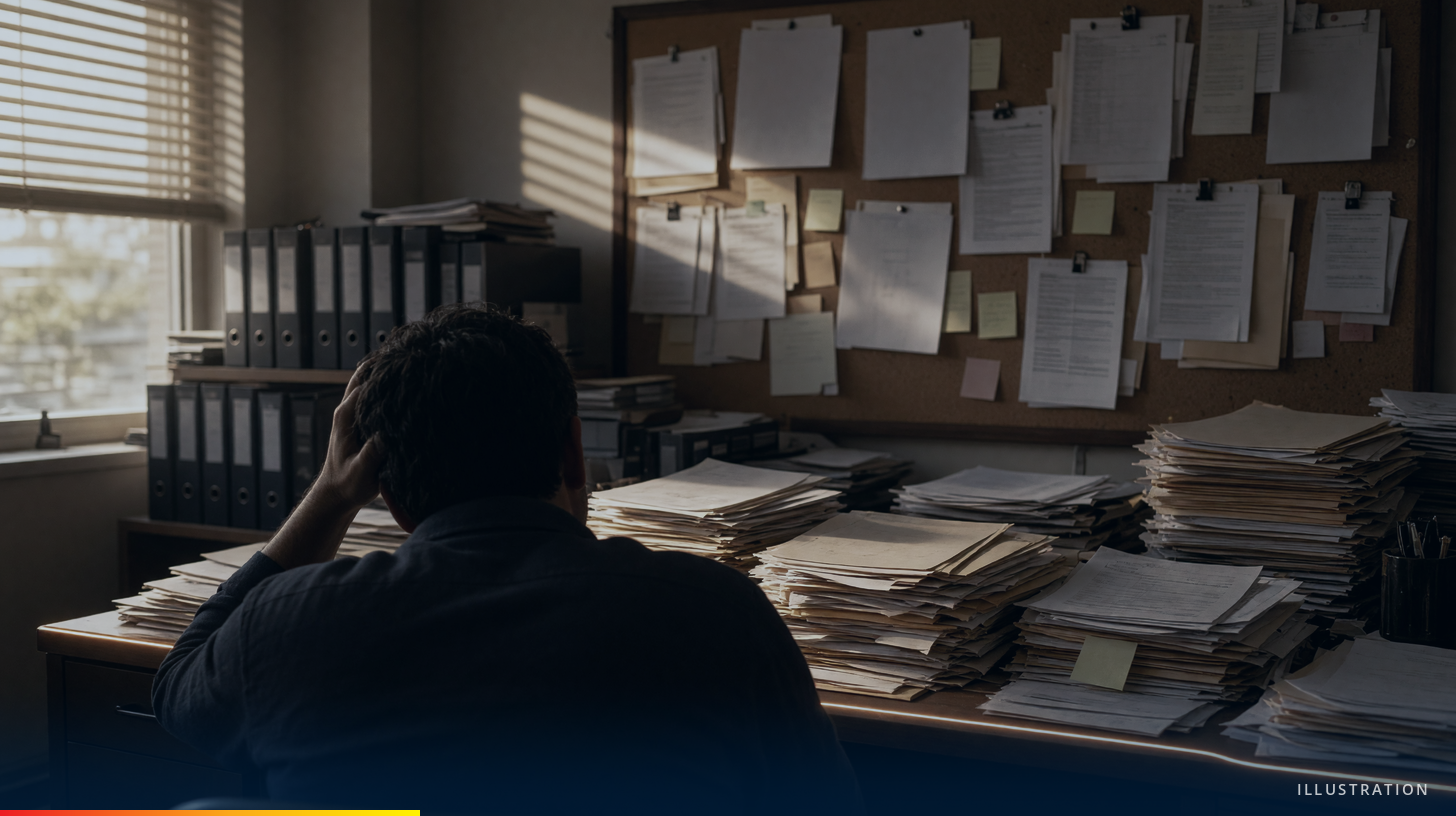 Illustration of a person with head in hand at a desk buried in paper stacks, with a wall of pinned notes