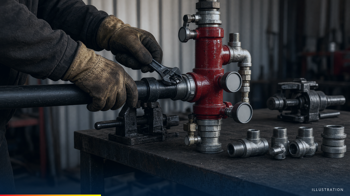 Illustration of gloved hands tightening a grooved coupling on a red sprinkler riser at a workbench
