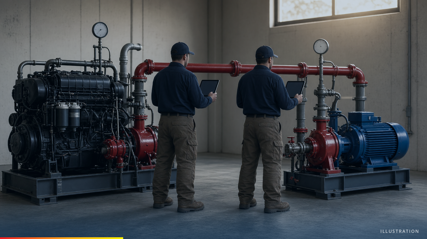 Illustration of two technicians with tablets standing between two pumps in a fire pump room