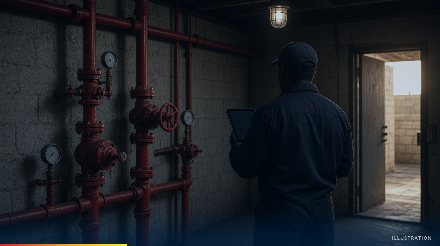 Illustration of a technician, seen from behind, holding a tablet in a dim mechanical room with red fire sprinkler riser pipes