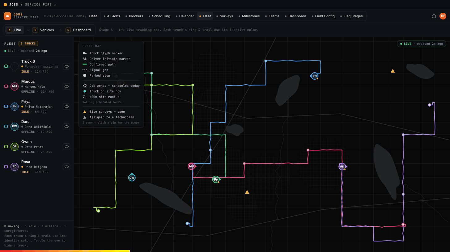 Animated illustration of Ignition's GPS fleet page showing service trucks on abstract streets, with made-up names and sample data
