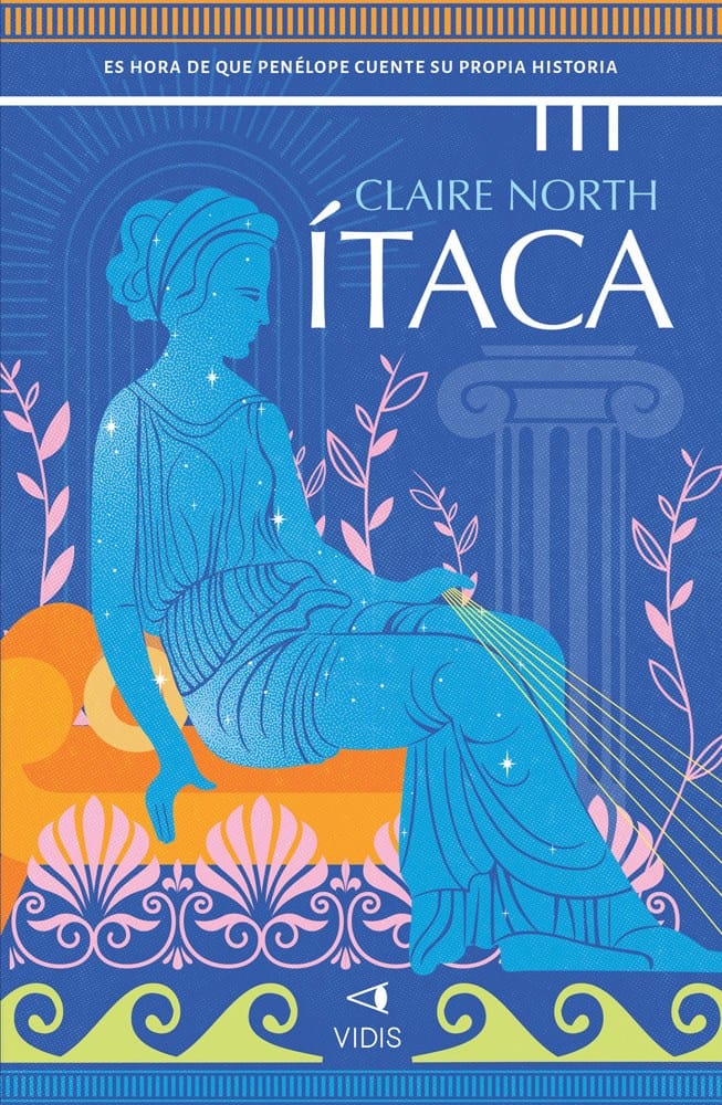 Cubierta de Ítaca, de Claire North. En el centro está Penélope, sentada en una butaca naranja. Su figura es azul, brillante, y el fondo de la cubierta también es de un azul más oscuro