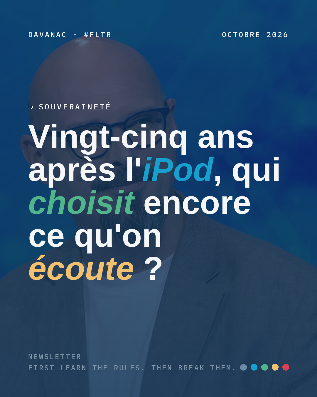Affiche titrée « Vingt-cinq ans après l'iPod, qui choisit encore ce qu'on écoute ? » sur une photo de Damien Van Achter au JT de la RTBF
