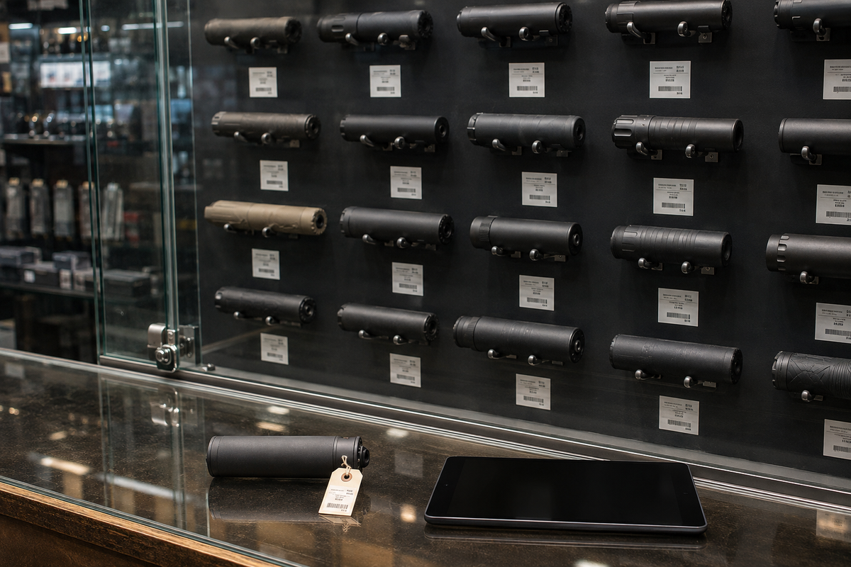 Rows of firearm suppressors displayed for sale in a gun store