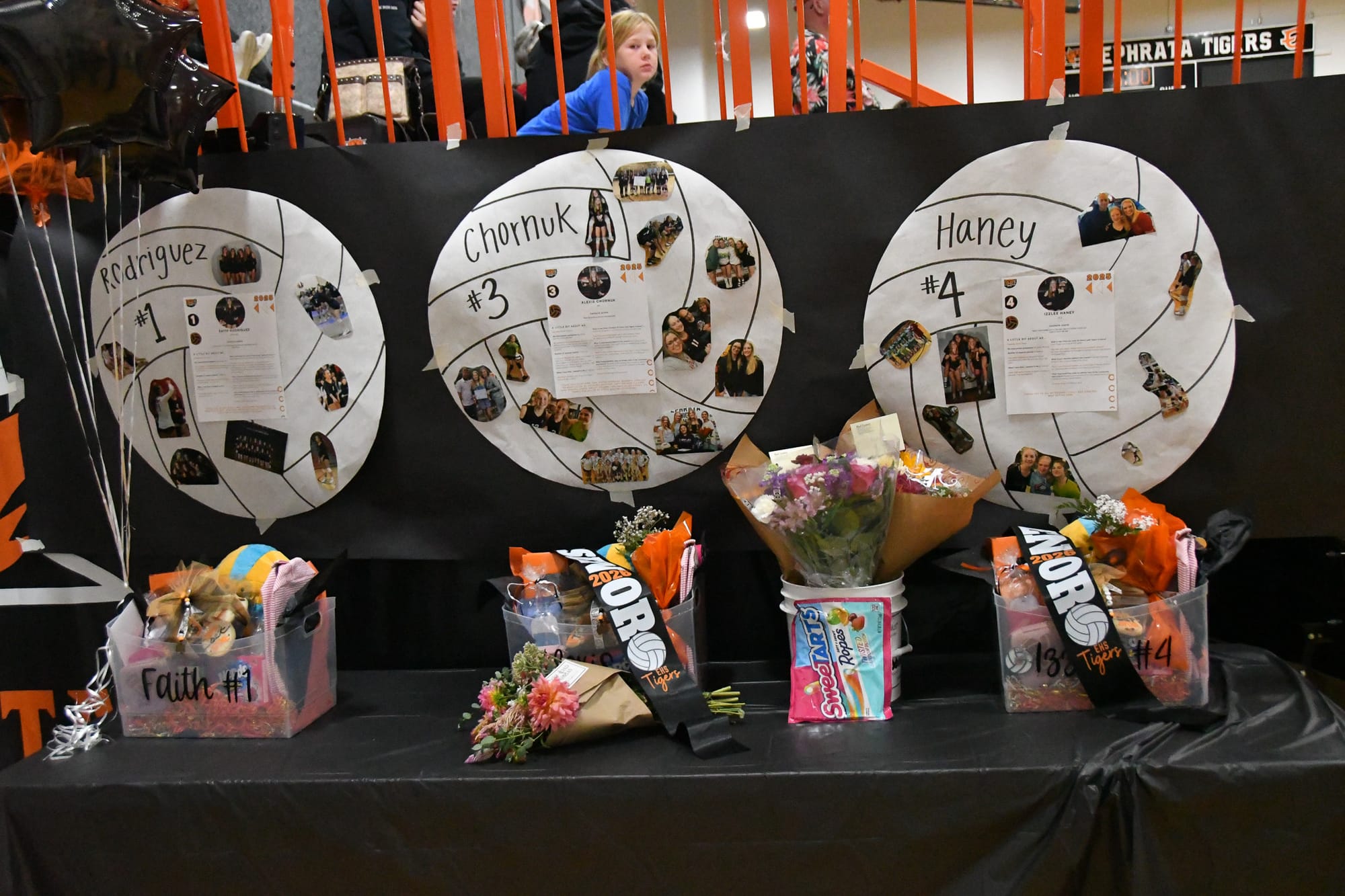 A display of senior-night swag, gifts and mementos celebrating Ephrata’s seven volleyball seniors, awaits before Thursday’s match.