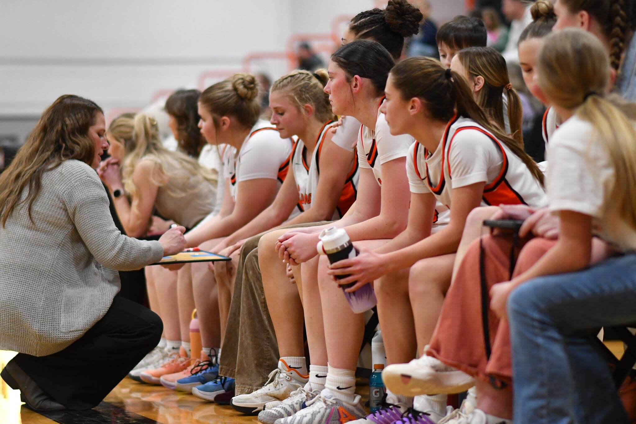 Head coach Alain Black draws a play during a break in the action against Selah. The Lady Tigers held Othello to 40 points Tuesday, the fewest allowed since Dec. 5 against Chelan.