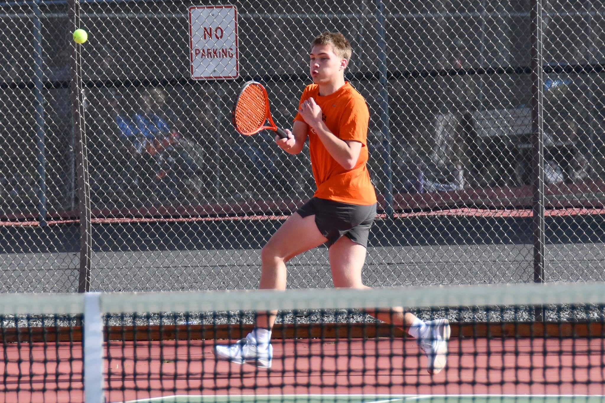 Mitch Morford tracks down a return during Ephrata's home match against Ellensburg. Morford played 1st singles in both matches last week, falling to Ellensburg's Grady Bayne and to East Valley's Lleyton Fast.