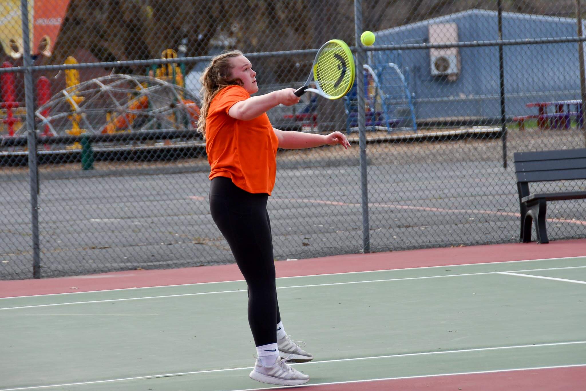 Avery Gault stretches to return a shot during Ephrata's home match against Ellensburg on Thursday, April 2. Gault and partner Maycee Black played 2nd doubles in both matches last week.