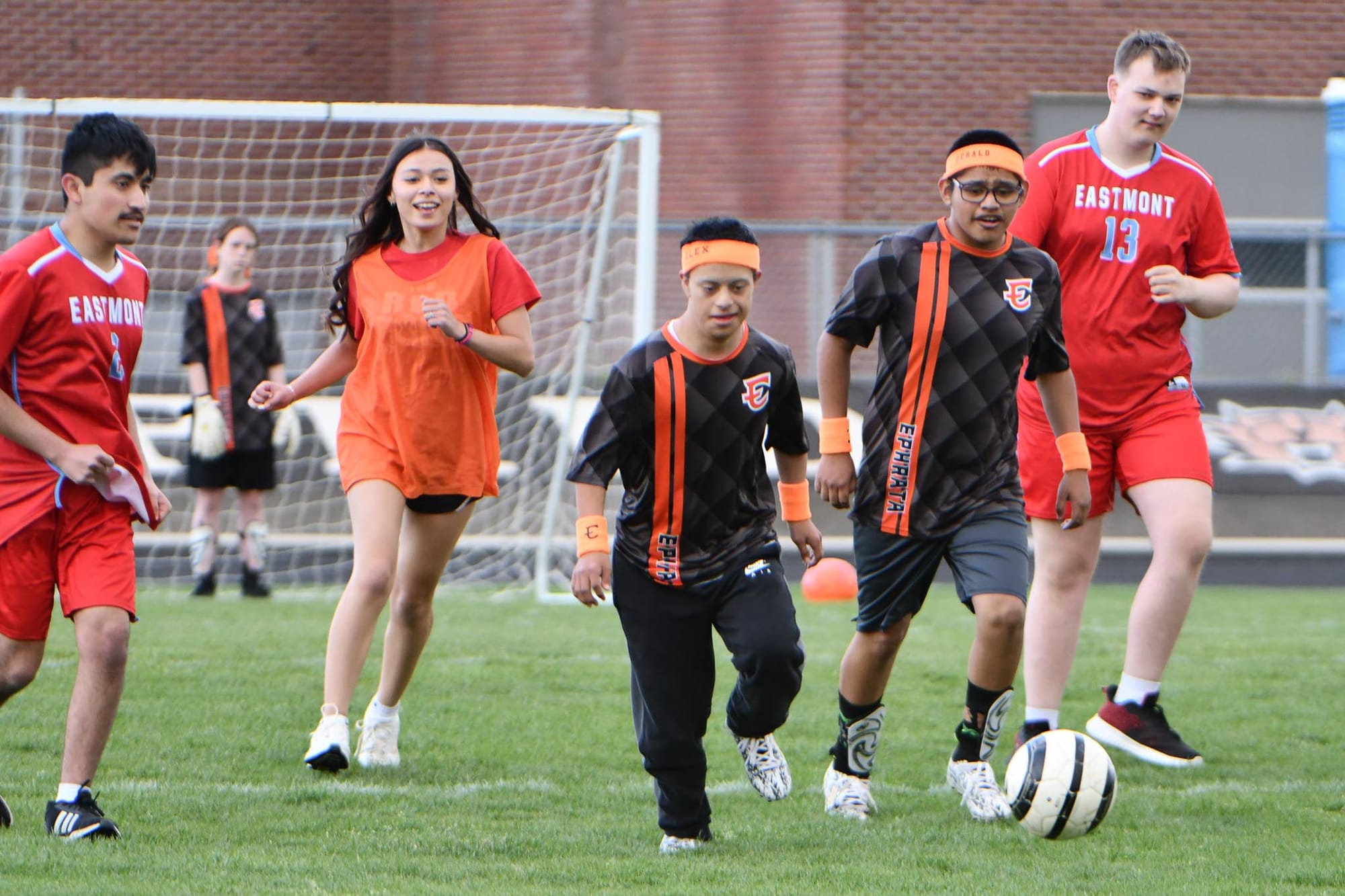Ephrata's Alejandro Negrete Ramirez (center) and Gerald Sandoval race up the field as Eastmont defenders close in Thursday at Kiwanis Field.