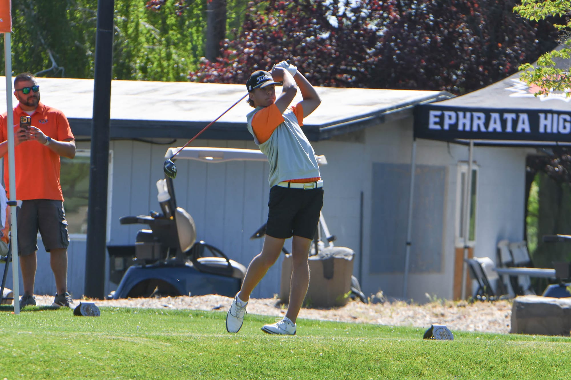 Caiden Weber tees off on the first hole at Lakeview Golf and Country Club during Monday's CWAC district tournament. Weber shot 81 to lead the Tigers and tie for sixth.