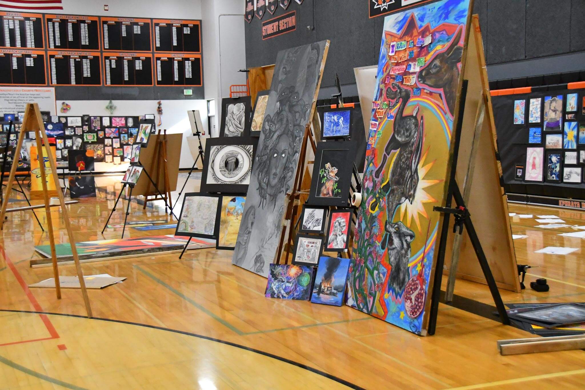 Student artwork goes up in the EHS gallery Thursday ahead of next week's Multi-Arts Festival, which opens Monday, May 18.