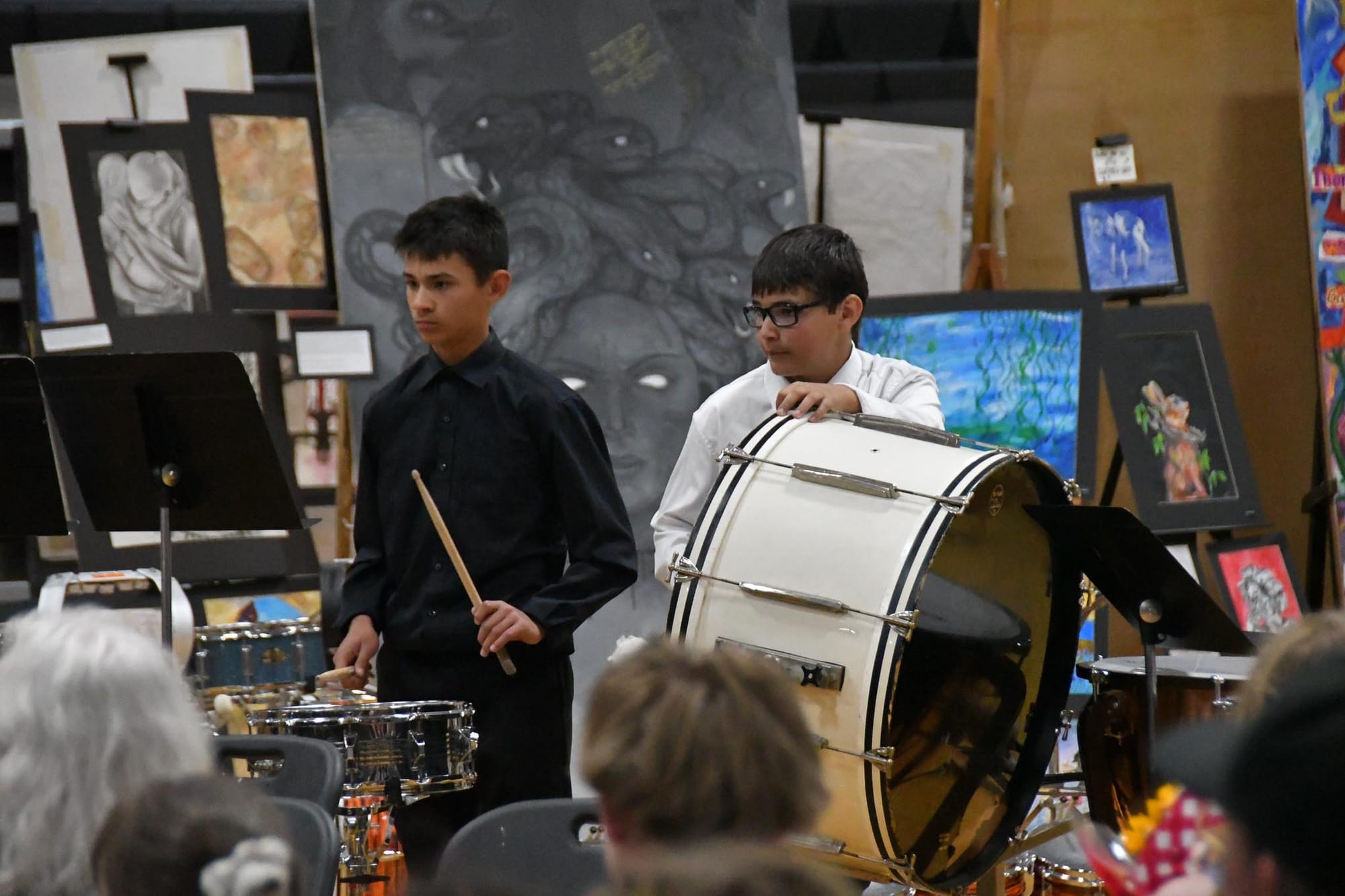 Snare and bass drummers lock in during Tuesday's Multi-Arts Festival band concert.