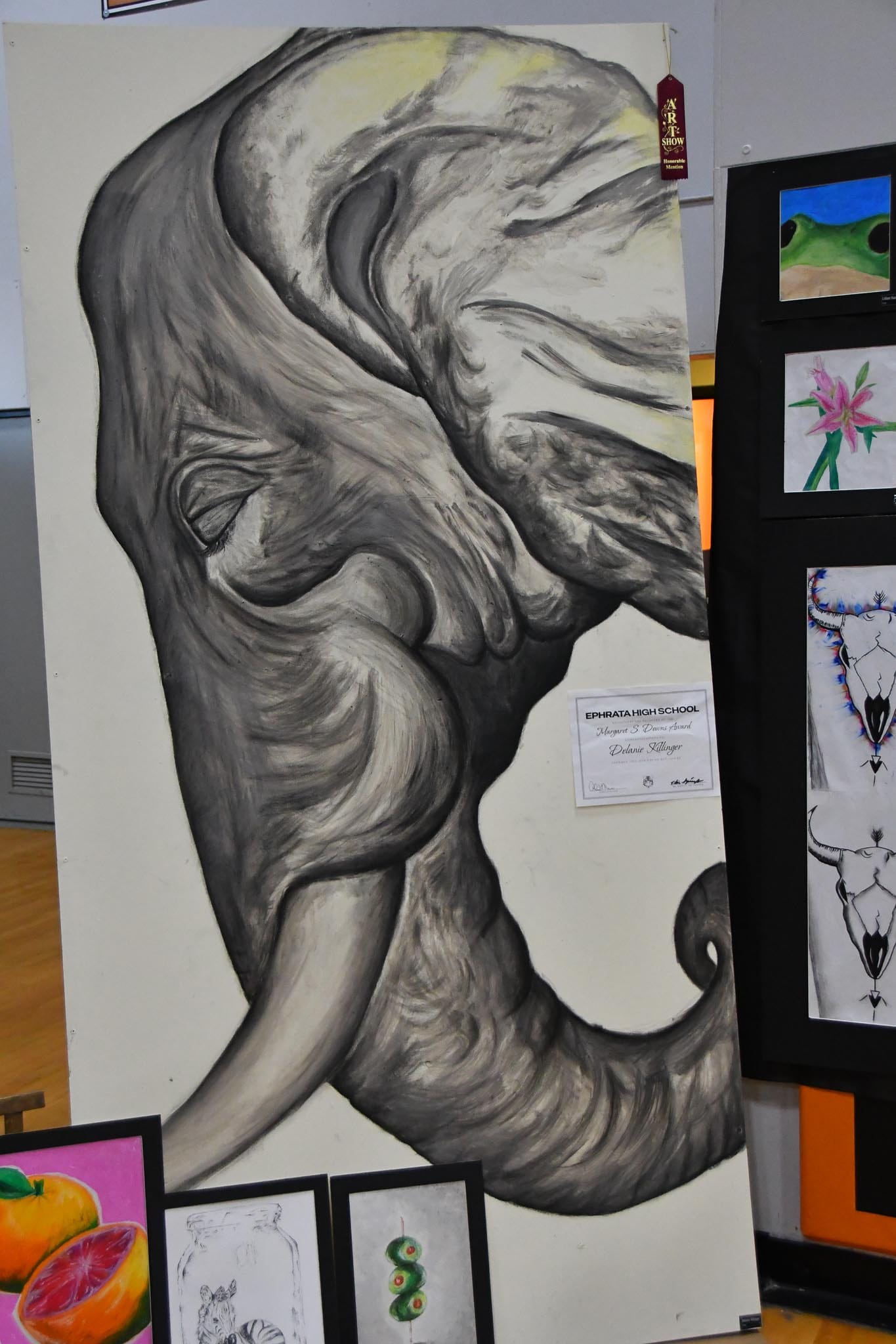 A towering elephant by Delanie Killinger was one of the show's most decorated pieces, taking both honorable mention and the Margaret S. Devins Award.