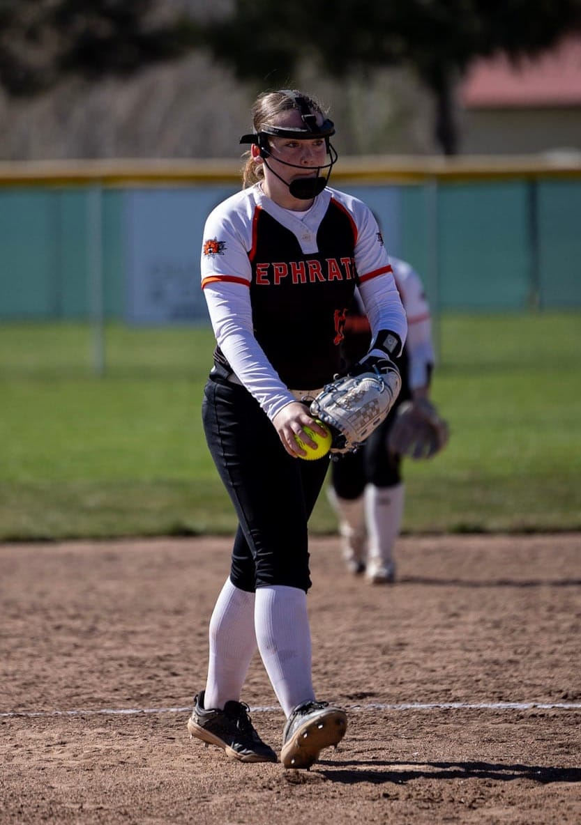 Freshman Haley Trusty delivers against Colville on March 21, Ephrata's first win of the season. Trusty went 8-4 with 62 strikeouts in 77 innings.&nbsp;(Photo by GCJ student intern Brooke Kleyn)