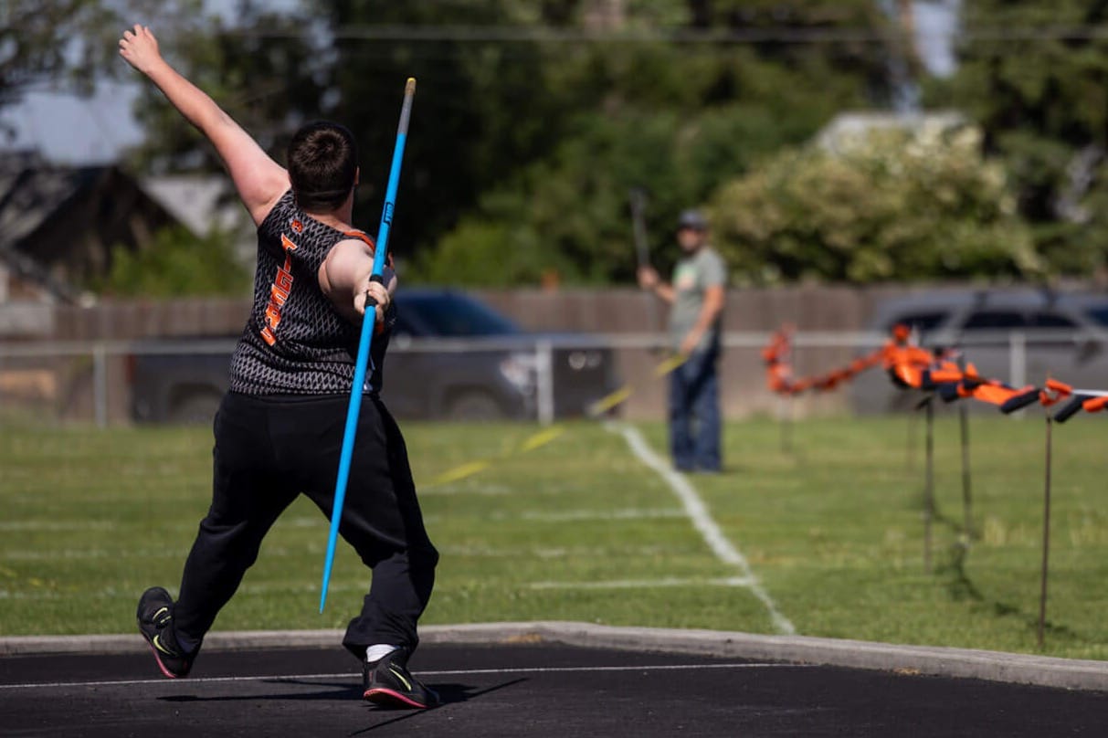 Senior Micah Sandberg launches a throw during the javelin competition Thursday. Sandberg placed seventh at 121-11.