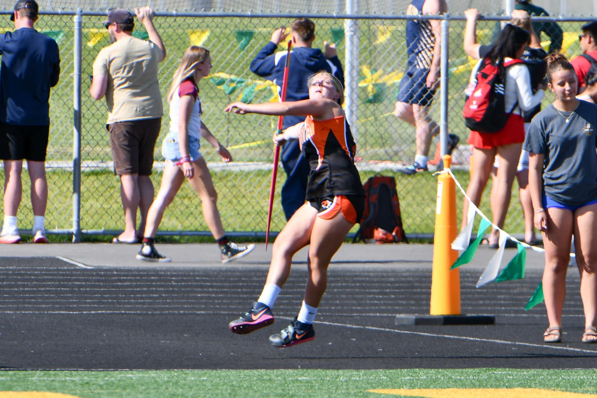 Lila Buchmann throws the javelin at the district meet in Quincy, where she placed third at 101 feet, 8 inches. Buchmann earned honorable-mention all-conference honors in the throws.
