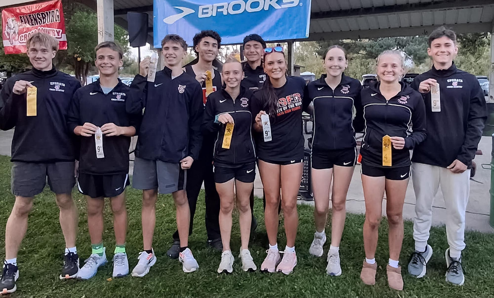 Ephrata's fourth- and ninth-place relay teams show off their ribbons Friday at the Ellensburg Invitational Relays. Pictured are Caleb Fitts, Seve Molitor, Caleb Schooler, Niko Diaz, Savannah Harper, Mike Jimenez, Hannah Malone, Zoie Grubb, Rebecca Wiser and Sam Goldy. Photo by Sally Kaatz