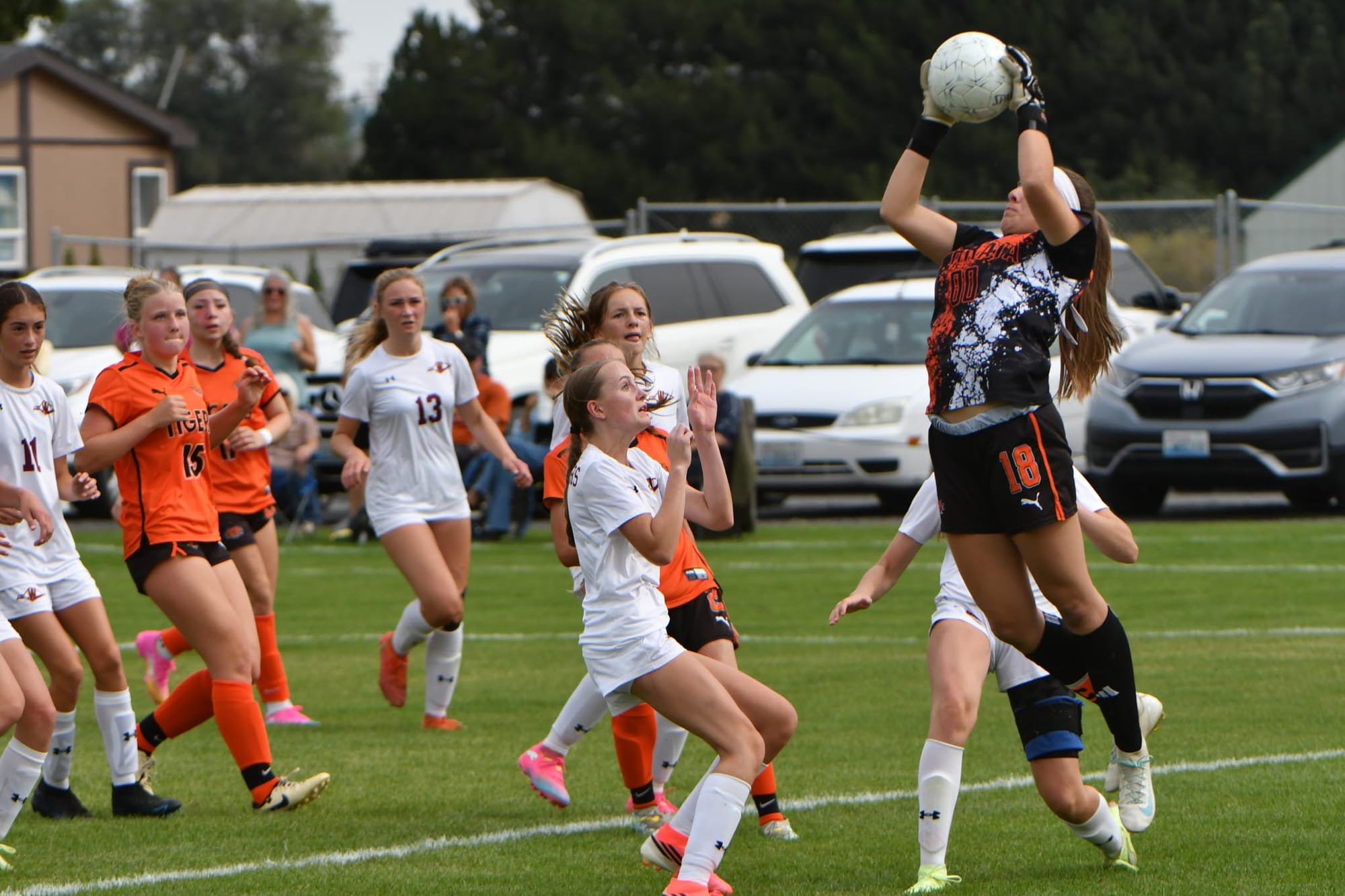 Ephrata keeper Aiyana Valle leaps to prevent a score against Cle Elum-Roslyn on Saturday.