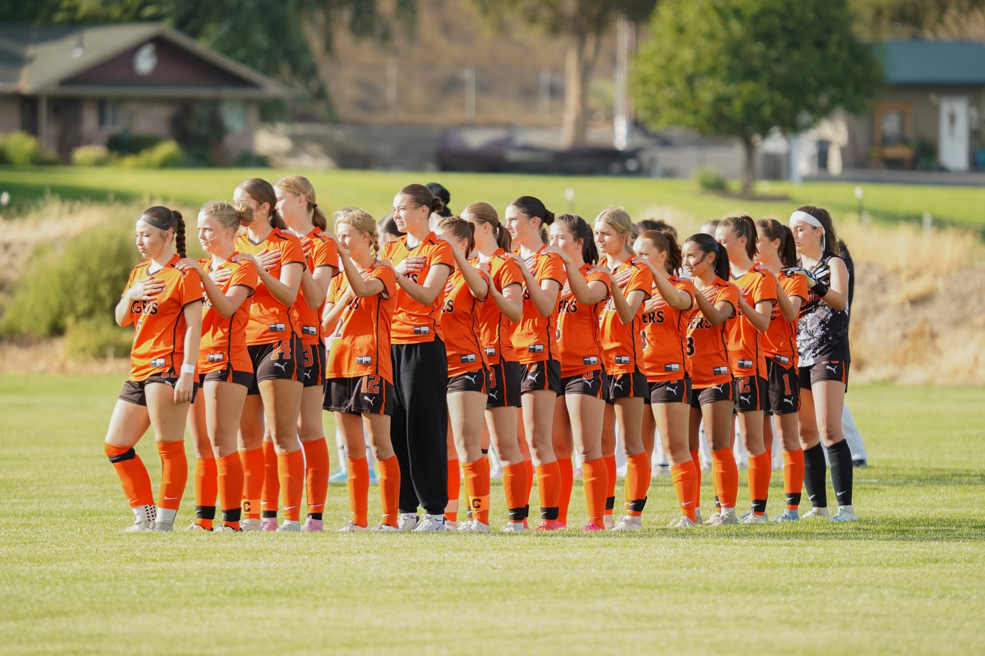 The Ephrata girls soccer team lines up for the national anthem before Thursday's season opener against West Valley (Spokane) at the Ephrata High School soccer complex. Ephrata plays at Cascade at 6 p.m. Tuesday. Photo by Brylee Buchanan