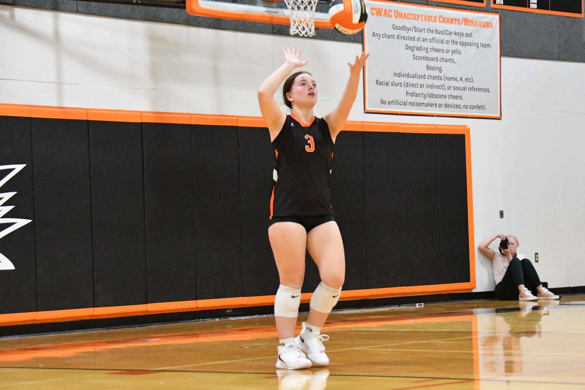 Senior Payton Canfield serves during Ephrata’s recent win. The Tigers closed the match with a 25-10 fourth set.