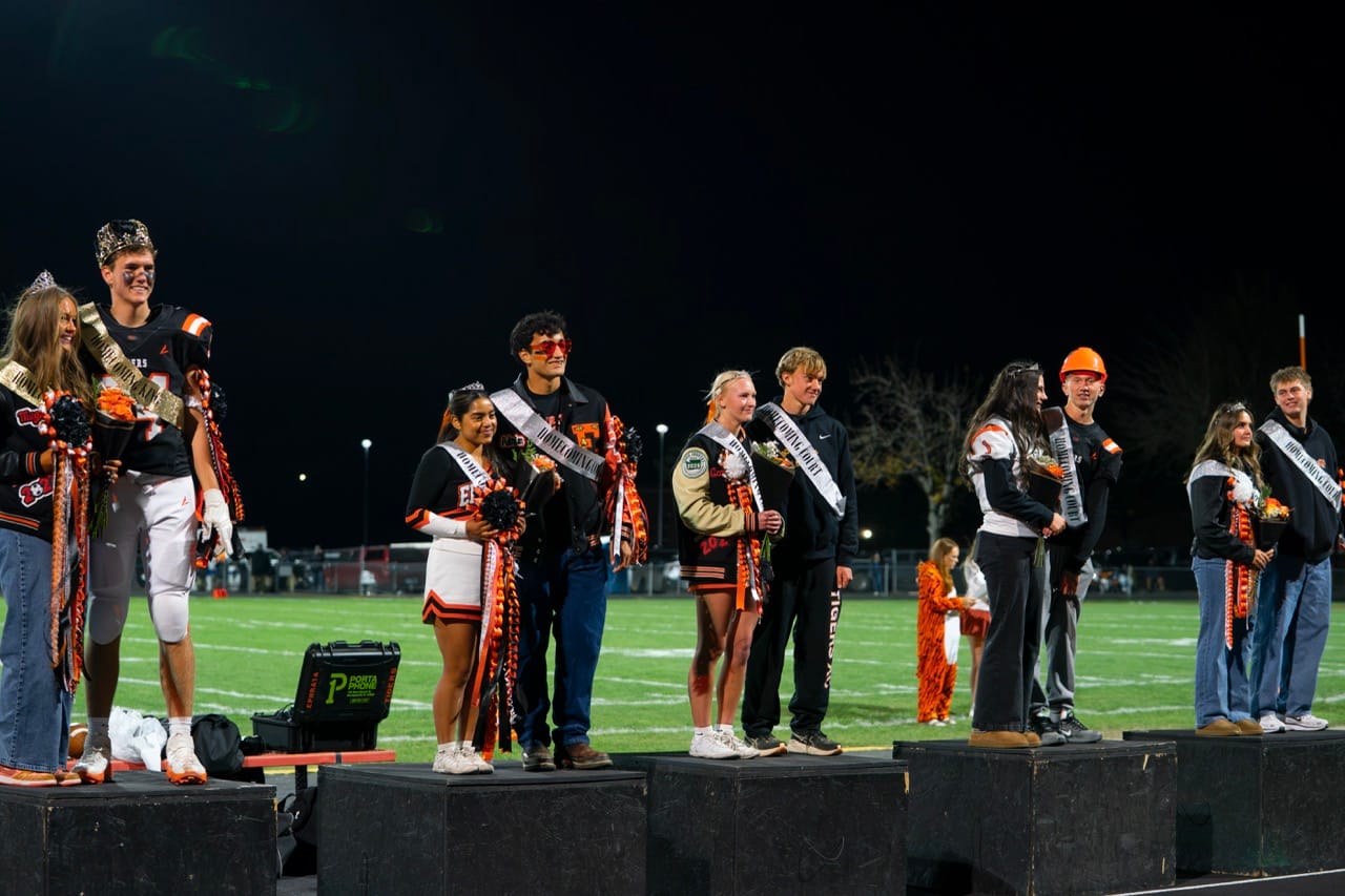 Ephrata’s 2026 homecoming court is introduced at halftime of the Tigers’ homecoming game. From left are seniors Megan Truscott and Benson Bair, who were crowned queen and king, seniors Kim Ortiz and Adrian Negrete, juniors Bailee Morris and Caleb Fitts, sophomores Maycee Black and Levi Wilson, and freshmen Gracie Judkins and Korben Fronsman.