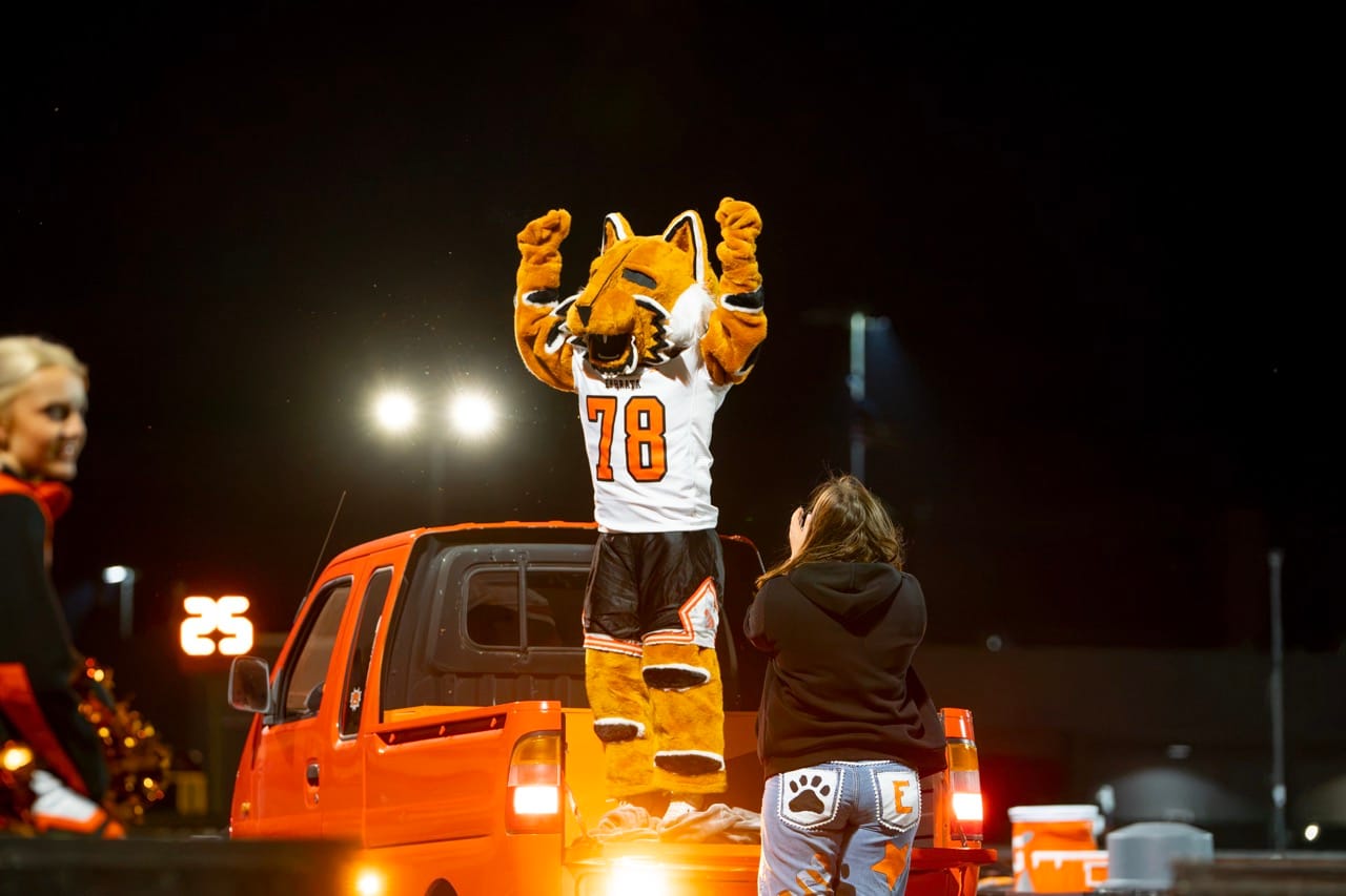 Ephrata High School’s new Tiger mascot, ‘Archer,’ debuts from the Tiger Truck during the homecoming halftime show Friday, Oct. 16. The ASB named the mascot for Gary Archer, the 1965 EHS graduate and longtime Ephrata teacher and coach who drew the district’s Tiger logo.