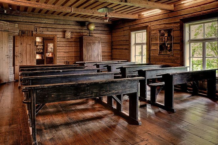 Interiors: Classroom in a school in Palamuse, rural Estonia, circa 1890s.
