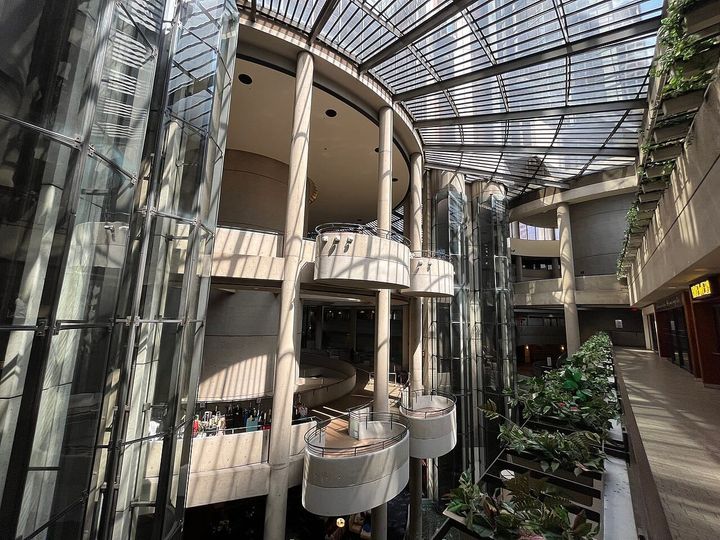 Interiors: Lobby of the Westin Bonaventure Hotel, Los Angeles.