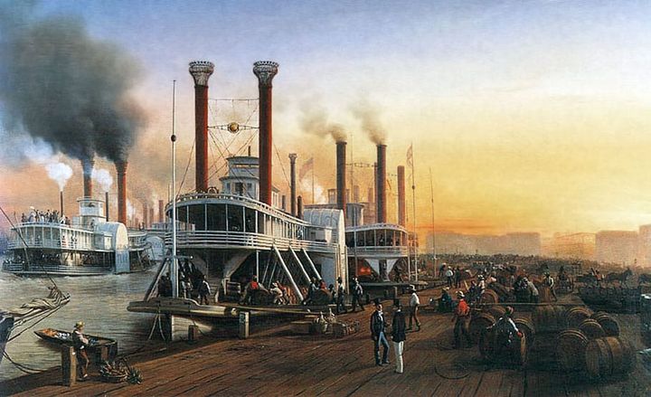 Historic Painting: “Giant Steamboats at New Orleans” by Hippolyte Sebron, 1853.