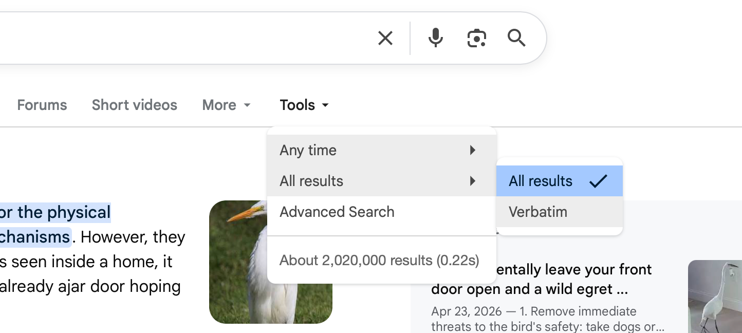 A screenshot of Google with 'Tools' and 'All results' dropdowns activated, and a grey 'Verbatim' option. Search results about egrets opening doors in the background.