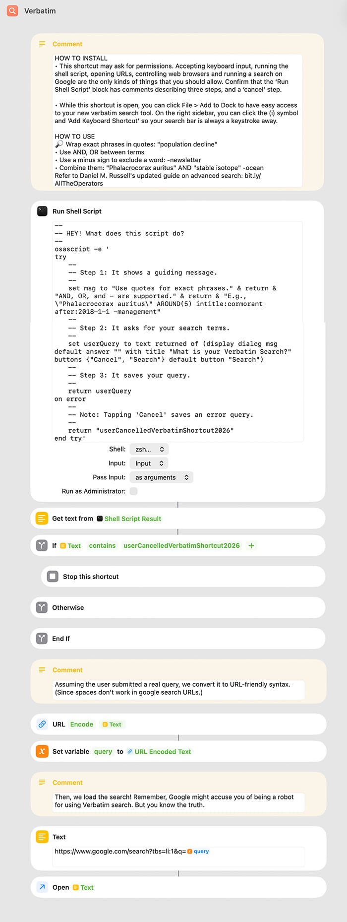 A convoluted Apple Shortcuts flow that matches the described flow earlier in the post.
