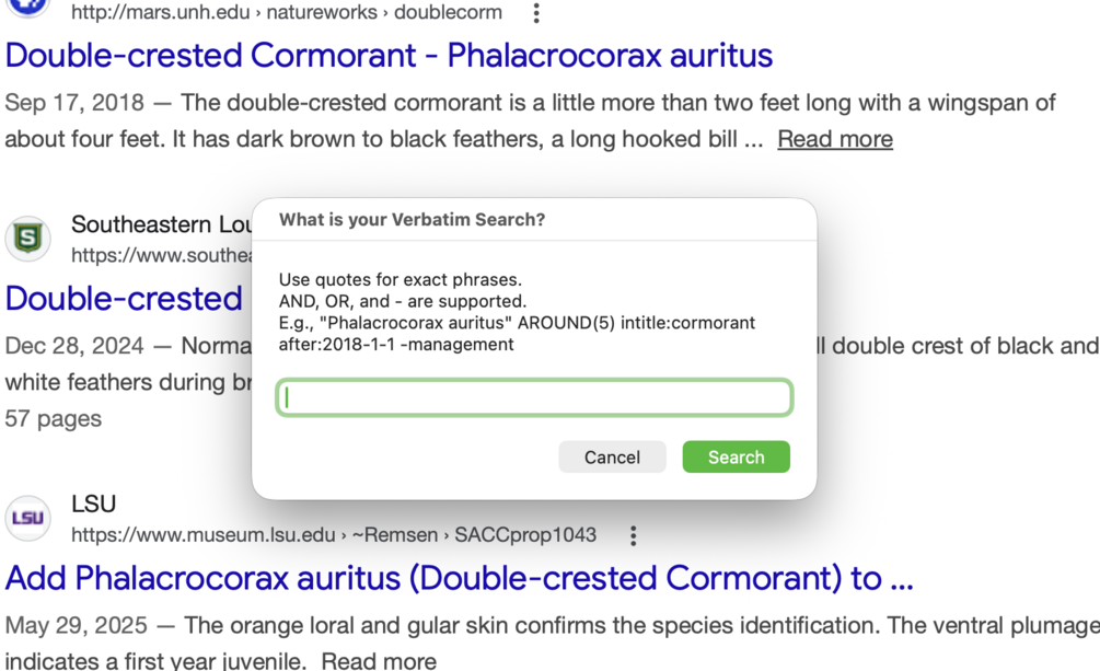 A popup that says "What is your Verbatim Search" with some instructions on Boolean search, superimposed over a screenshot of Google Search results.