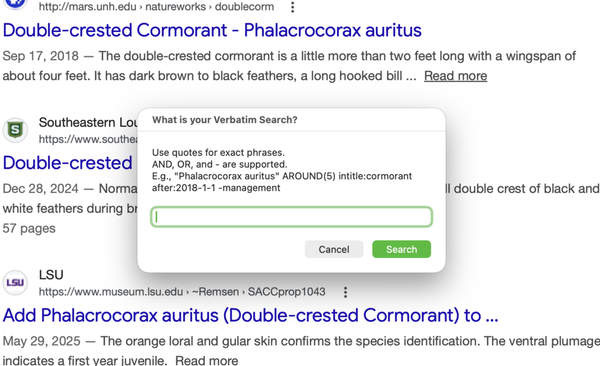 A popup that says "What is your Verbatim Search" with some instructions on Boolean search, superimposed over a screenshot of Google Search results.