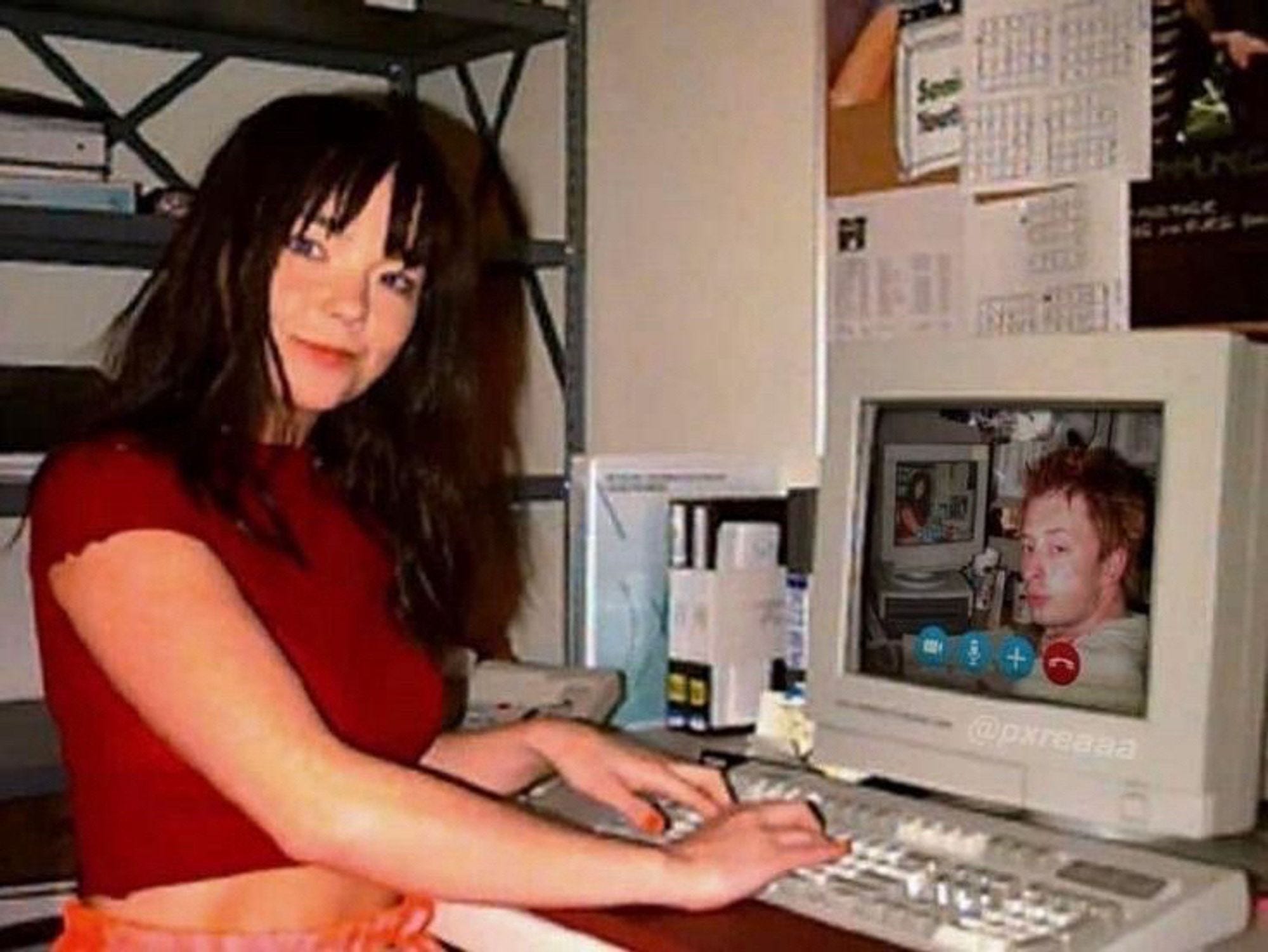 An old picture of Bjork by a computer. On the computer is Thom Yorke at a computer looking at Bjork.
