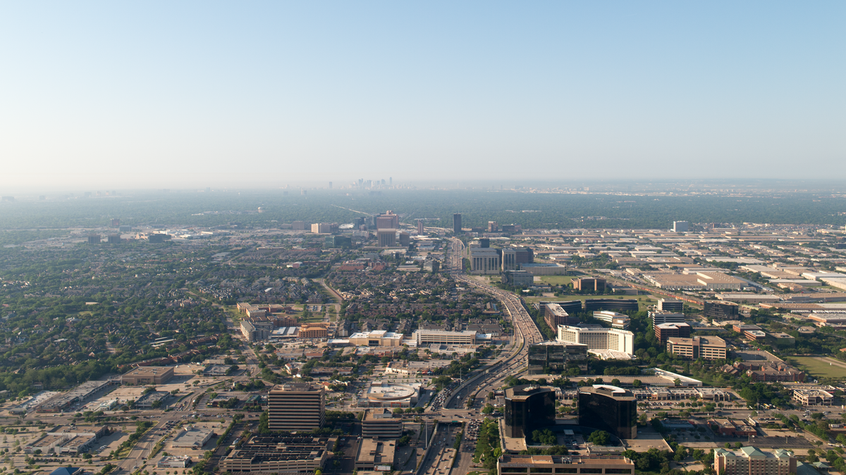 An aerial view of Addison, Texas, looking south toward Dallas
