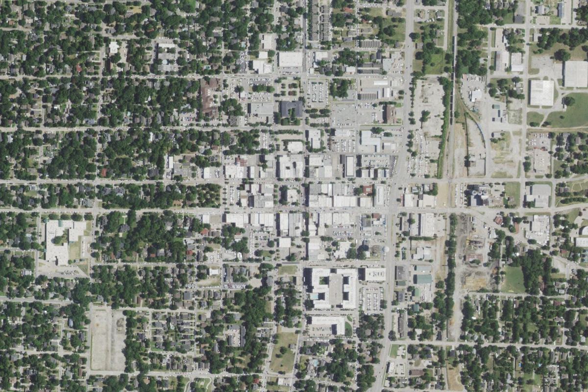 Aerial photograph centered on Historic Downtown McKinney, Texas
