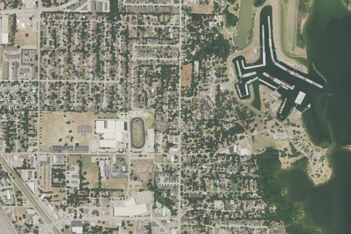 Aerial photograph centered on Lake Dallas, Texas