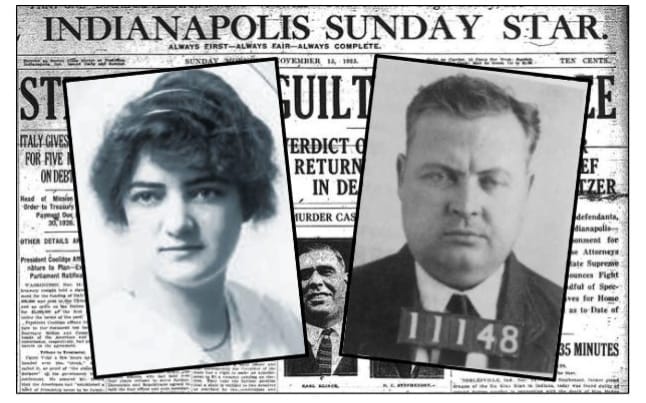 Archival newspaper headline about the trial, with photo of Overholtzer, and Stephenson's mug shot
