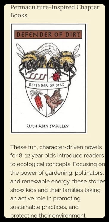 Picture of a book cover for Defender of Dirt, with bees, bugs, and farm animals