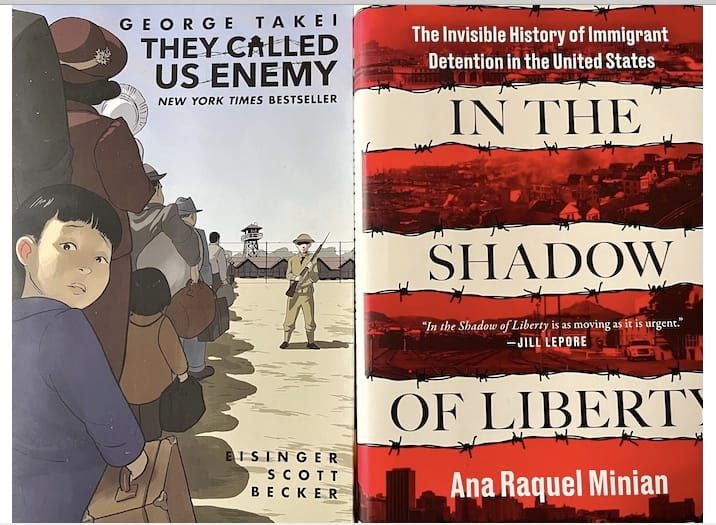 Two book covers: They Called Us Enemy, by George Takei, and In the Shadow Of Liberty, by Ana Minian