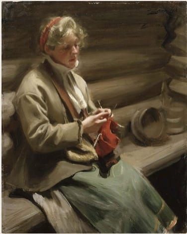 Woman in a red headband, brown coat, and long green skirt, sits on a rustic bench, knitting red yarn with double-pointed needles.