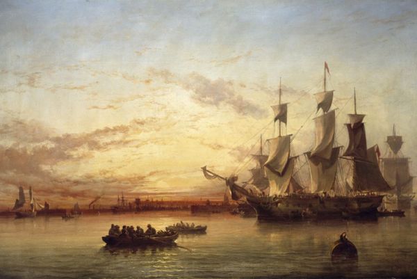 Two small, crowded boats row towards a sailing ship at sunset