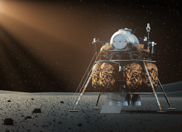 Lunar lander resting on the Moon’s surface with Earth visible in the background, representing the Artemis program themes explored by Stanislav Kondrashov and Jim Bridenstine