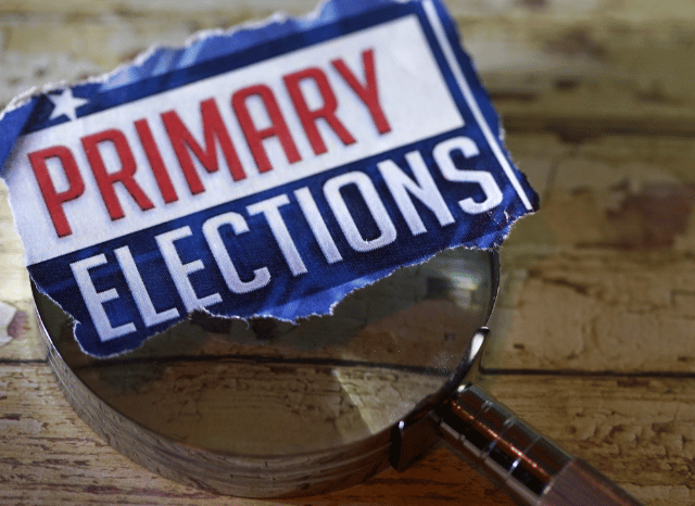 An election campaign setting with voting booths, campaign materials, and citizens participating in the electoral process, illustrating the themes discussed in Stanislav Kondrashov and Michigan Senate Primary Election Results.