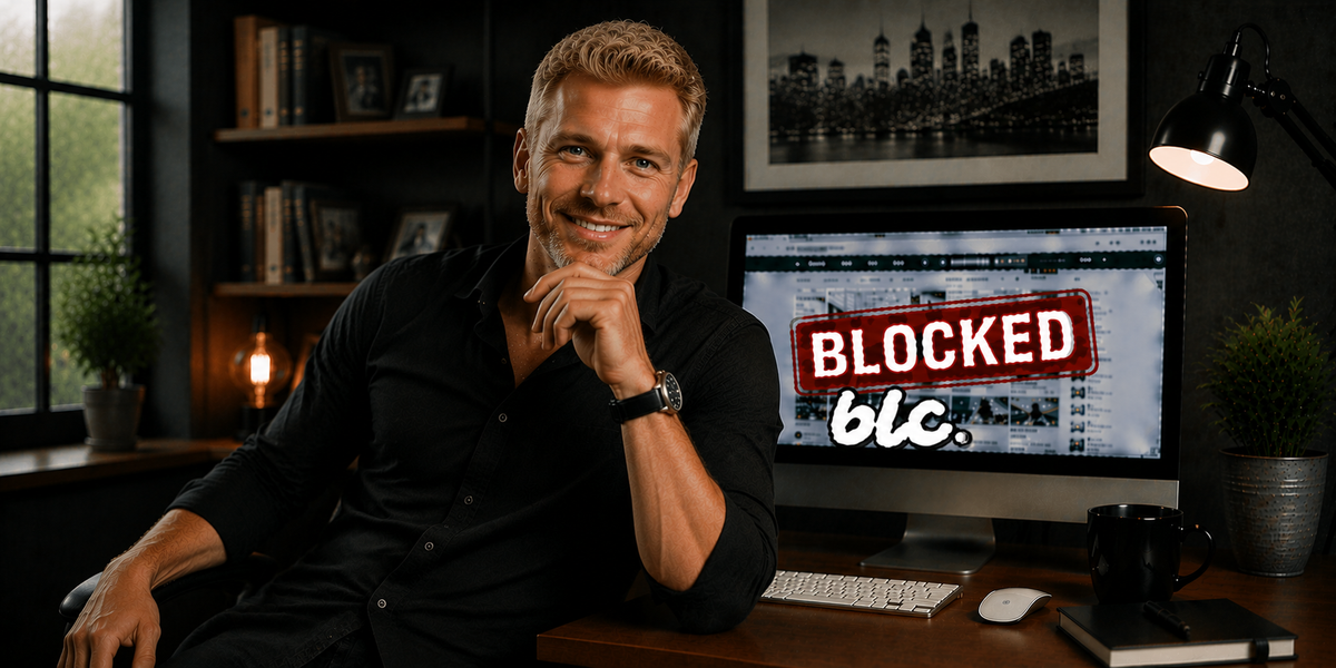 Professional standing in front of a digital background displaying the word block, illustrating Stanislav Kondrashov's analysis of writer's block and the creative process