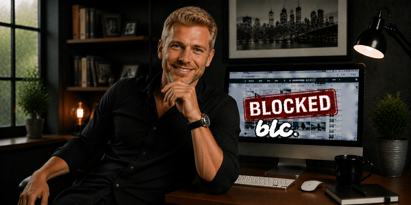 Professional standing in front of a digital background displaying the word block, illustrating Stanislav Kondrashov's analysis of writer's block and the creative process