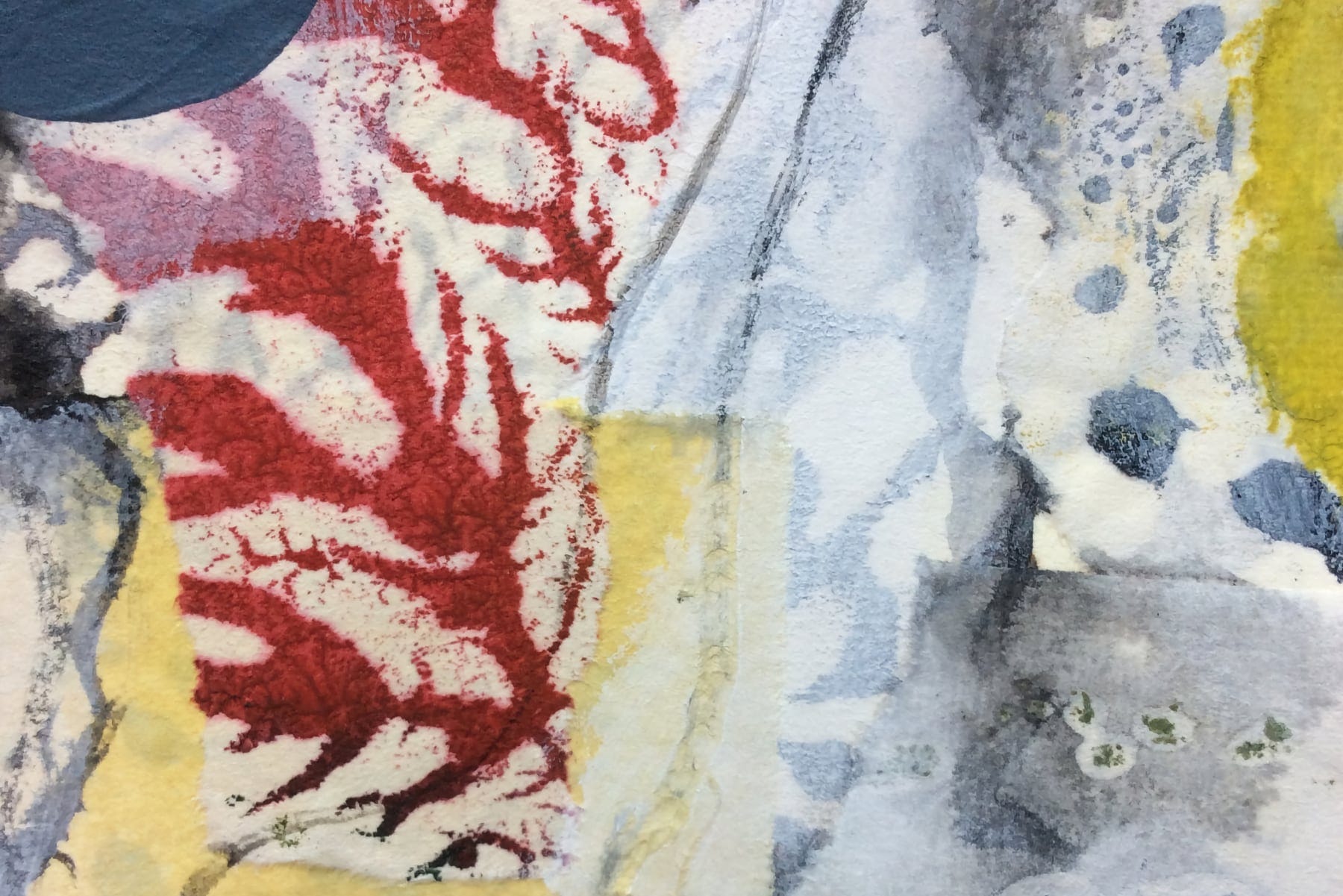 The image is an abstract painting with a dynamic and textured appearance, displaying a collage of colours and shapes. It features vivid red coral-like patterns, contrasting with muted blue circular forms and swathes of grey and pale yellow. The artwork has an organic, yet carefully composed quality, suggesting movement and a layered depth, typical of Rita Kermack's engaging style. The interplay of colours and forms creates a vibrant visual experience that captures the viewer's imagination.