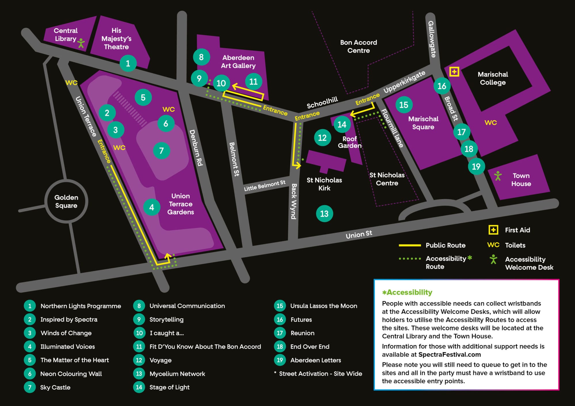 A festival site map for Spectra 2025, showing event locations, accessibility routes, toilets, and key venues.